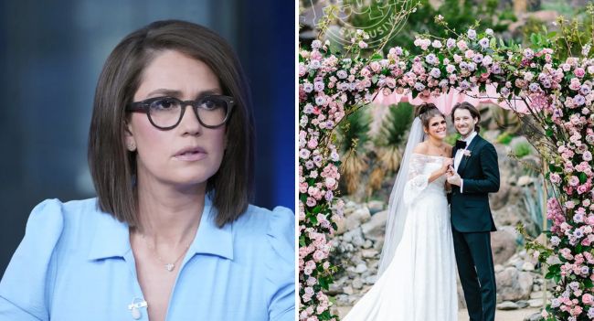 Jessica Tarlov and her husband sharing a romantic moment on their wedding day
